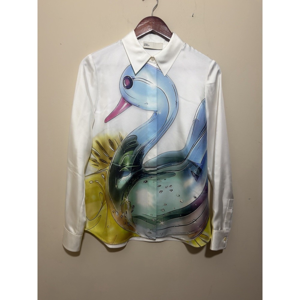 Tory Burch Lucky Duck Murano Glass Bird Silk Shirt Blouse 4 Orig $968